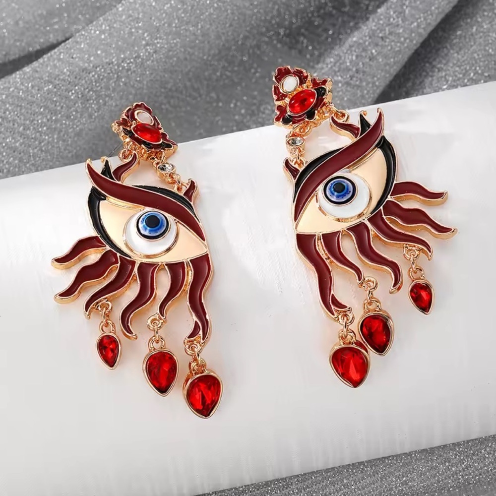 New! Devil,s Eye Motif Red and Gold Dangle Earrings